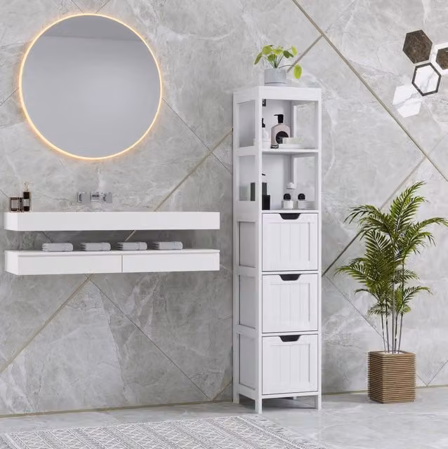 Mobiletto bagno bianco con 3 cassetti e 2 ripiani aperti, 30 x 30 x 142,4 cm