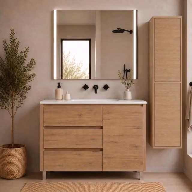 Mobile bagno con 3 cassetti, anta e lavabo ORIGENBATH VOLUM senza specchio 100x40 cm estepa con colonna