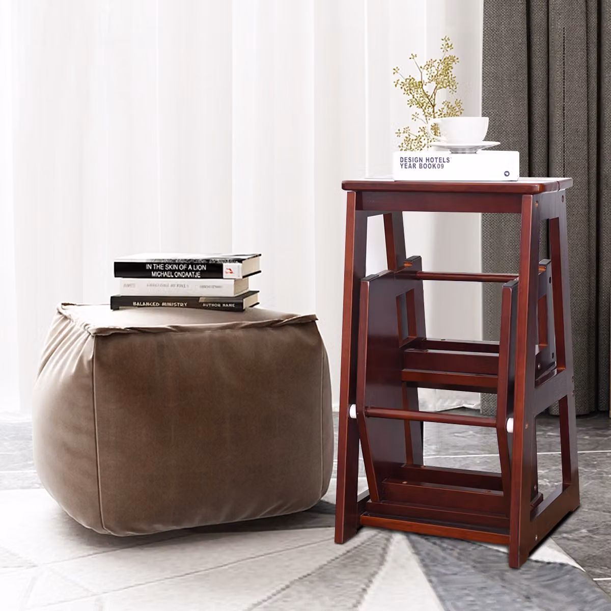 Sgabello scaletta pieghevole Costway in legno di pino multiuso, colore marrone, L/P/H: 57 x 38 x 65 cm