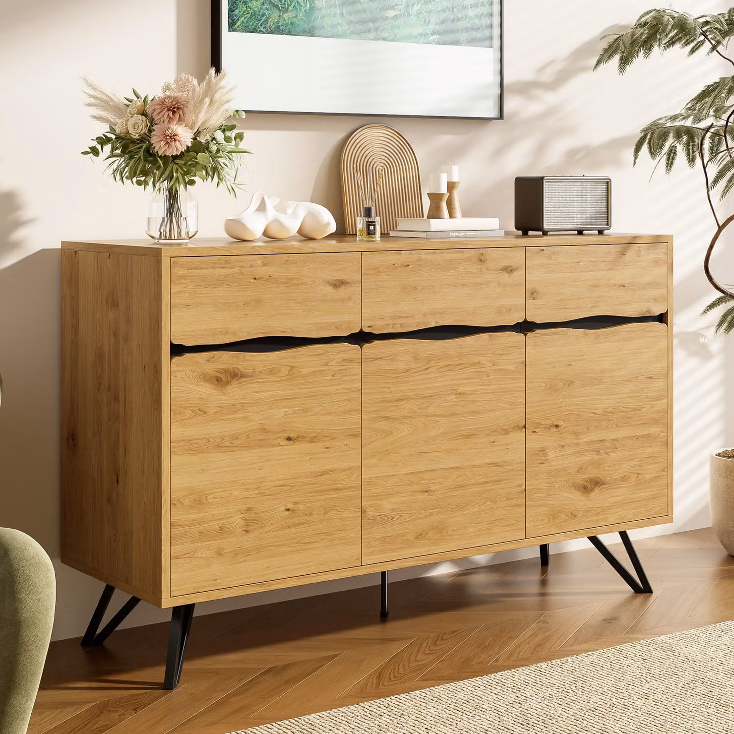 Credenza moderna GL Store con 3 ante e gambe in metallo, colore marrone, L 140 x P 40 x H 75,5 cm – 2