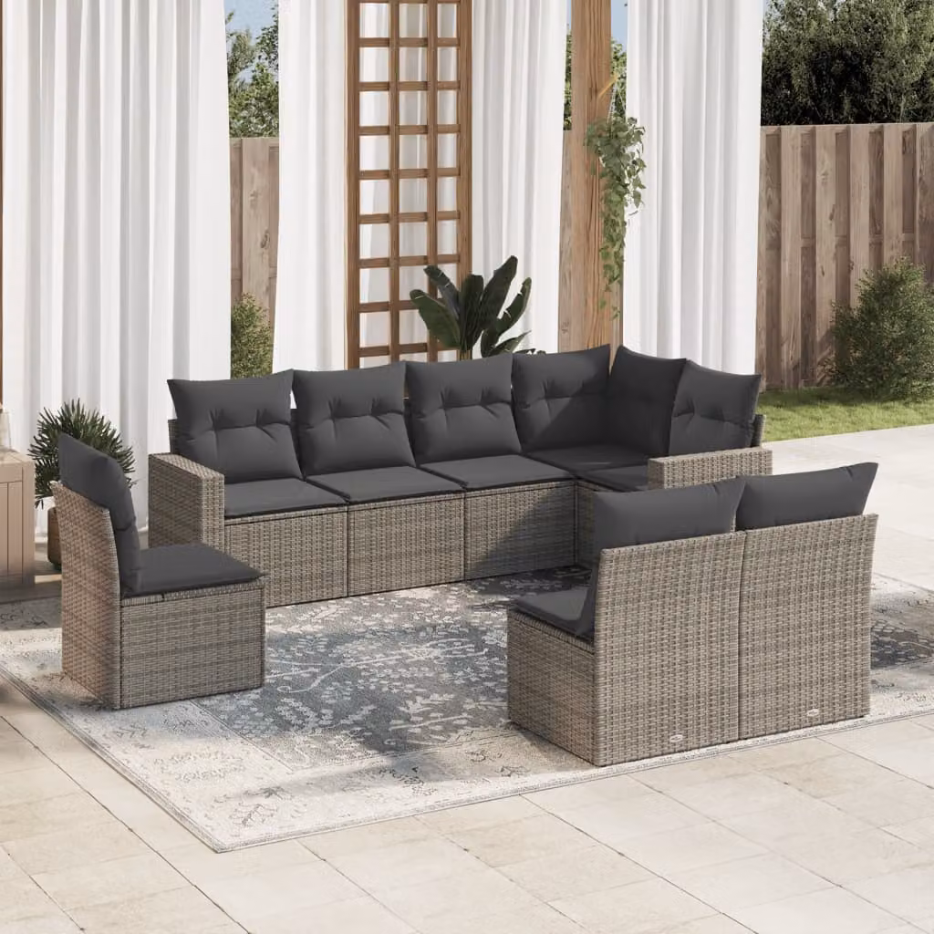 vidaXL Set Divano da Giardino a L 8 pz con Cuscini Grigio in Polyrattan e Struttura in Acciaio – 1