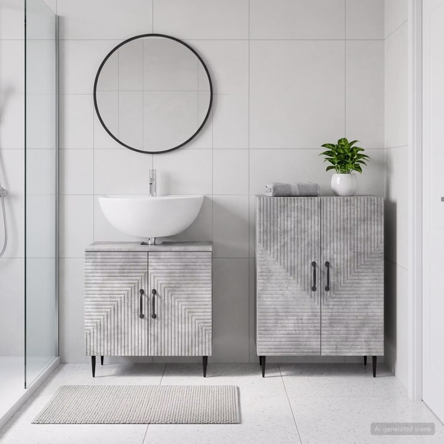 Set di mobili da bagno vidaXL HAARLEM composto da 2 pezzi, mobile lavabo e mobile contenitore, colore grigio cemento, design moderno e freestanding