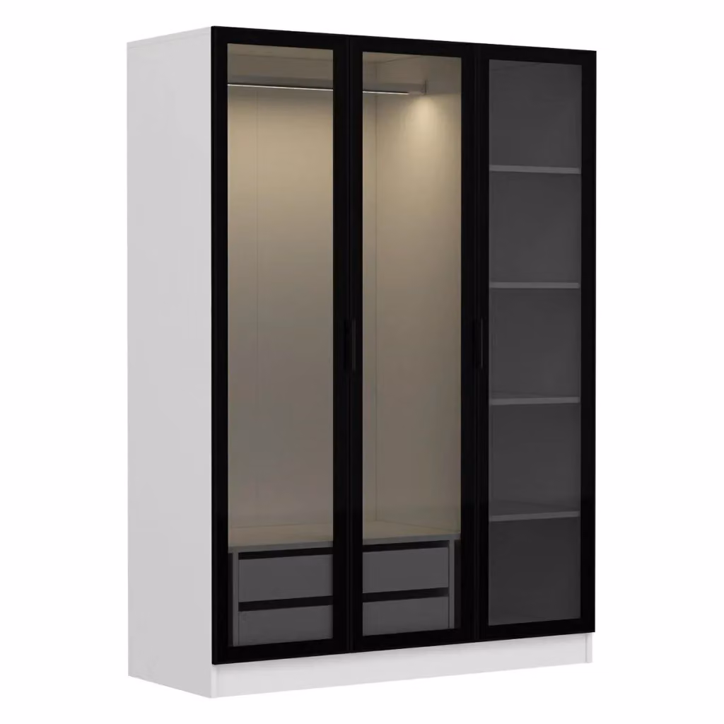 Armadio da camera da letto moderno DMORA con ante a battente, interno con appendiabiti e ripiani, Bianco e Nero, H: 210 cm, L: 135 cm, P: 52 cm – 2