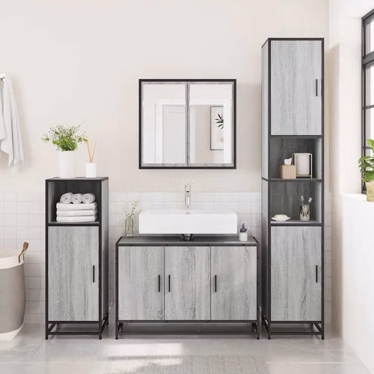 Mobile Lavabo da Bagno vidaXL in Stile Industrial Grigio con Ante a Battente L: 90 cm, P: 33 cm, H: 60 cm