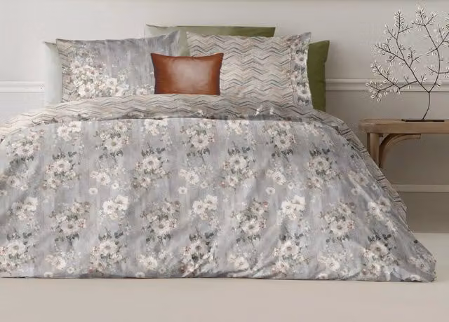 Copripiumino Matrimoniale Loft Natural BIANCHERIAWEB in Cotone Percalle Reversibile con Fantasia Floreale Grigia, L 160 x P 200 cm e due federe 40 x 80 cm