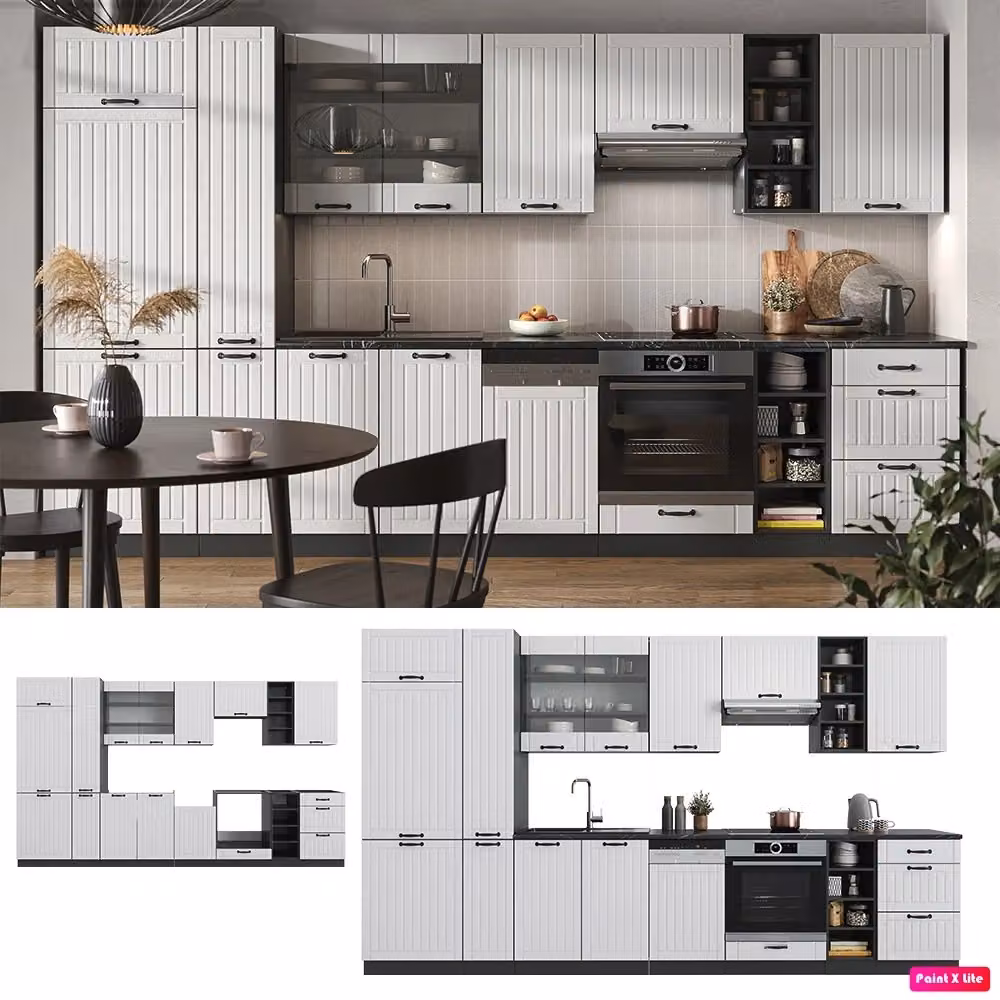 Cucina componibile Fame-Line Vicco in stile country house, Bianco rustico e Antracite, L: 355 cm – 2