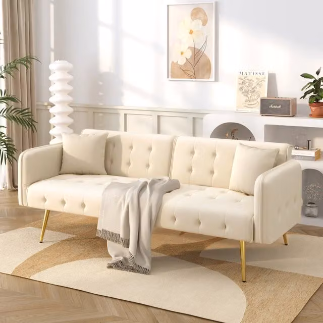 Divano letto MIVRAY a 2 posti in velluto beige e oro con schienale regolabile e funzione letto per soggiorno moderno