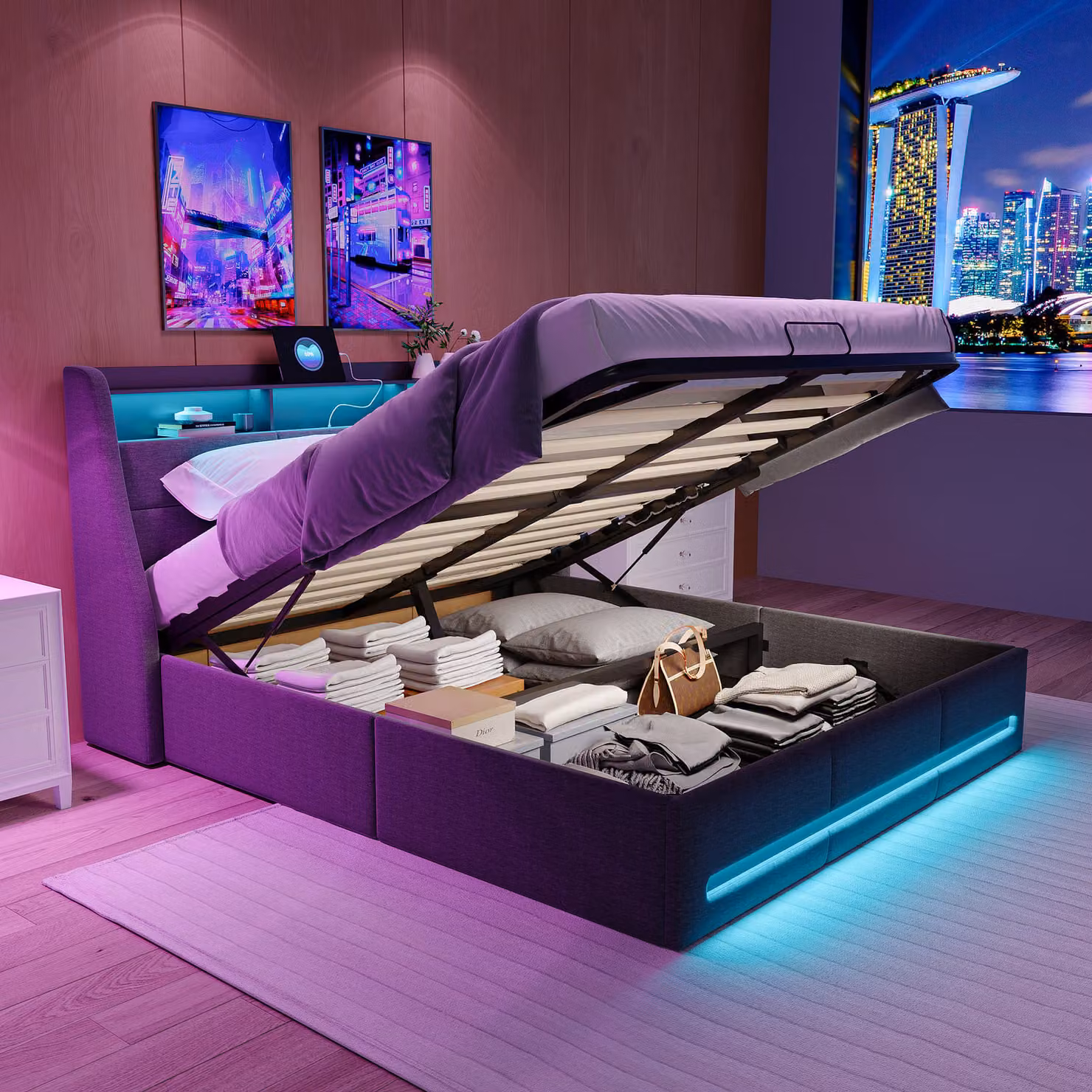 Letto box 160x200cm rivestito in tessuto di lino - con LED e porte di ricarica - con rete a doghe - Grigio
