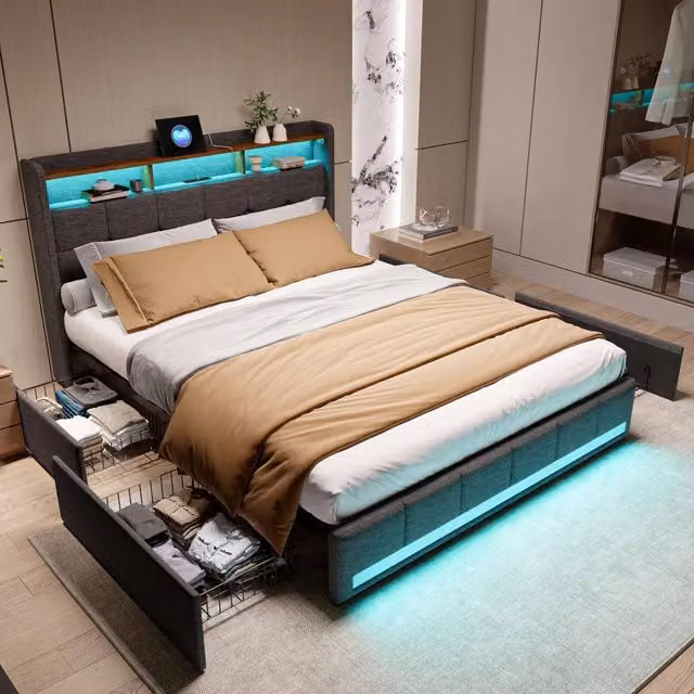 Letto 140x200cm con rete LED USB; letto matrimoniale imbottito 4 cassetti testiera stoccaggio; adulti adolescenti; lino( grigio 140x200)