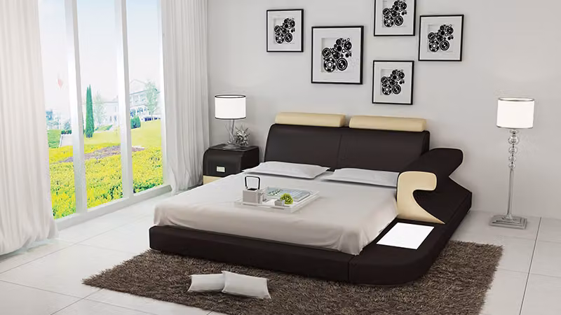 Luxus Bett + Beleuchtung Lederbett Betten Sofa Big Ehe Polster 140/160/180