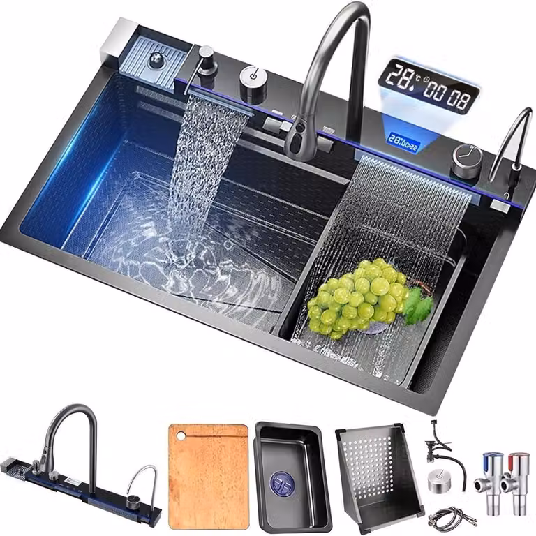 Lavello da cucina in acciaio inossidabile con rubinetto a cascata e display integrato, modello a due vasche