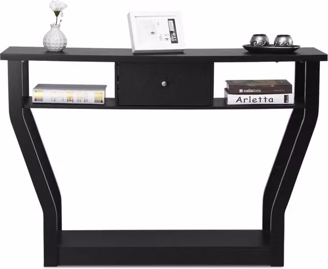 Consolle multifunzione con cassetto e 3 ripiani per ingresso, salotto o ufficio, Design Moderno, Nero, L 120 x P 30 x H 81 cm – 1