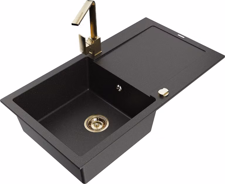 Mexen Leo lavello in granito a 1 vasca con sgocciolatoio e miscelatore da cucina Rita, nero/oro metallizzato - 6501-75-670300-50