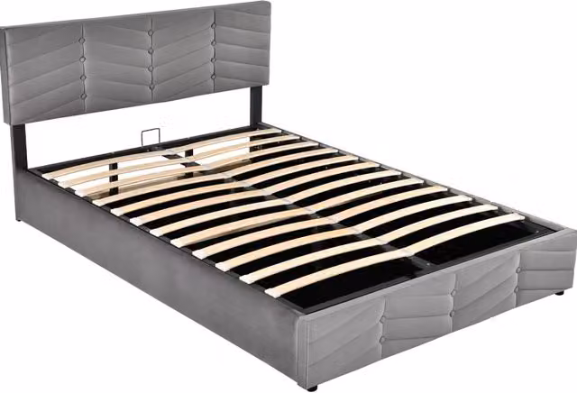 Letto matrimoniale imbottito con contenitore, testiera regolabile in altezza, velluto grigio 140 x 190 cm