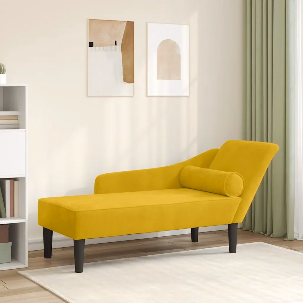Chaise Longue in Velluto Giallo con Cuscini e Struttura in Legno Massello CFW8499534 L: 141 cm, P: 66,5 cm, H: 55,5 cm – 2