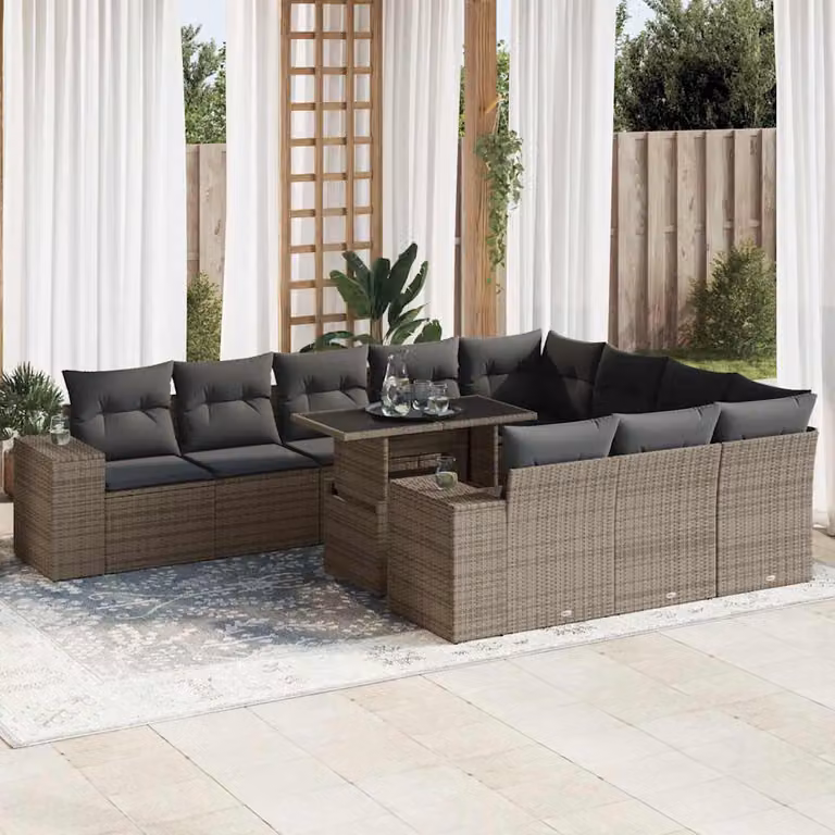 Set Divani da Giardino vidaXL 11 pz in Polyrattan Grigio con Cuscini e Tavolino da Caffè