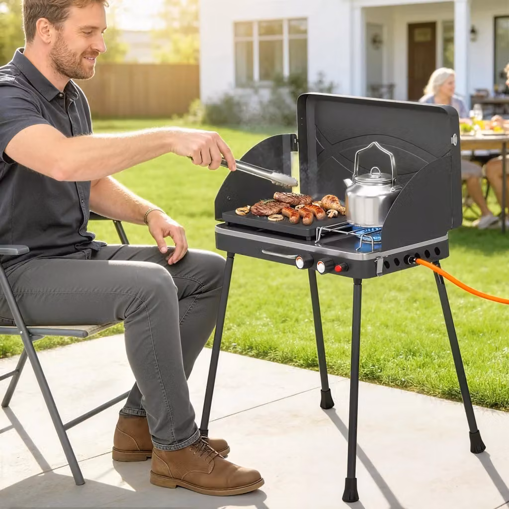 Barbecue a Gas Propano Portatile GIORDANOSHOP con Fornello Laterale in Alluminio e Metallo Nero L: 61 cm, P: 47 cm, H: 88 cm – 2