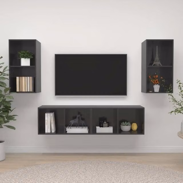 Mobile TV da parete vidaXL in legno multistrato grigio lucido, set di 4 pezzi per soggiorno moderno – 1