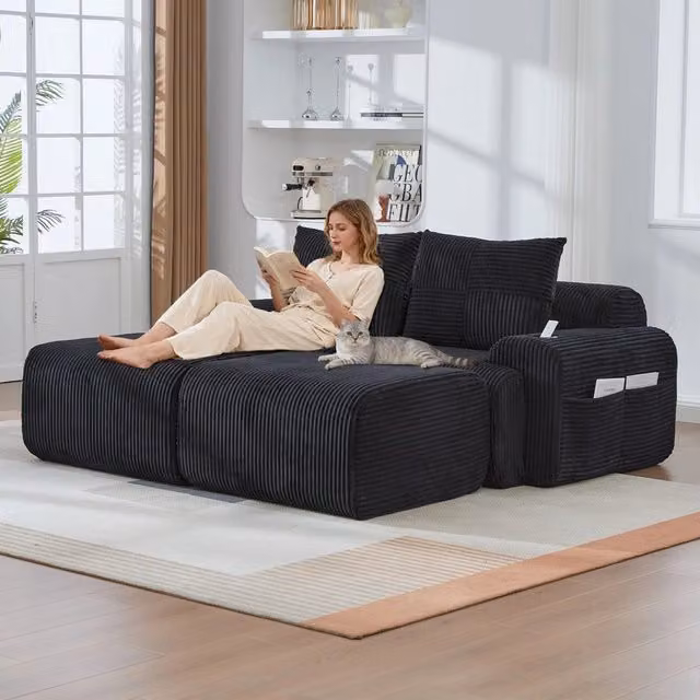 Divano 2 posti con poggiapiedi set ¨C Minimal ¨C nero tessuto con porta bevande e tasche portaoggetti