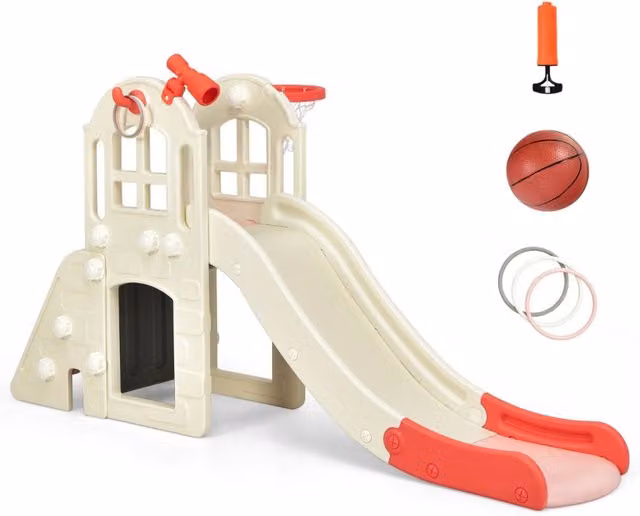 Scivolo grande per bambini 6 in 1 con canestro palla lancio dell'anello e cannocchiale, Set da gioco Rosa