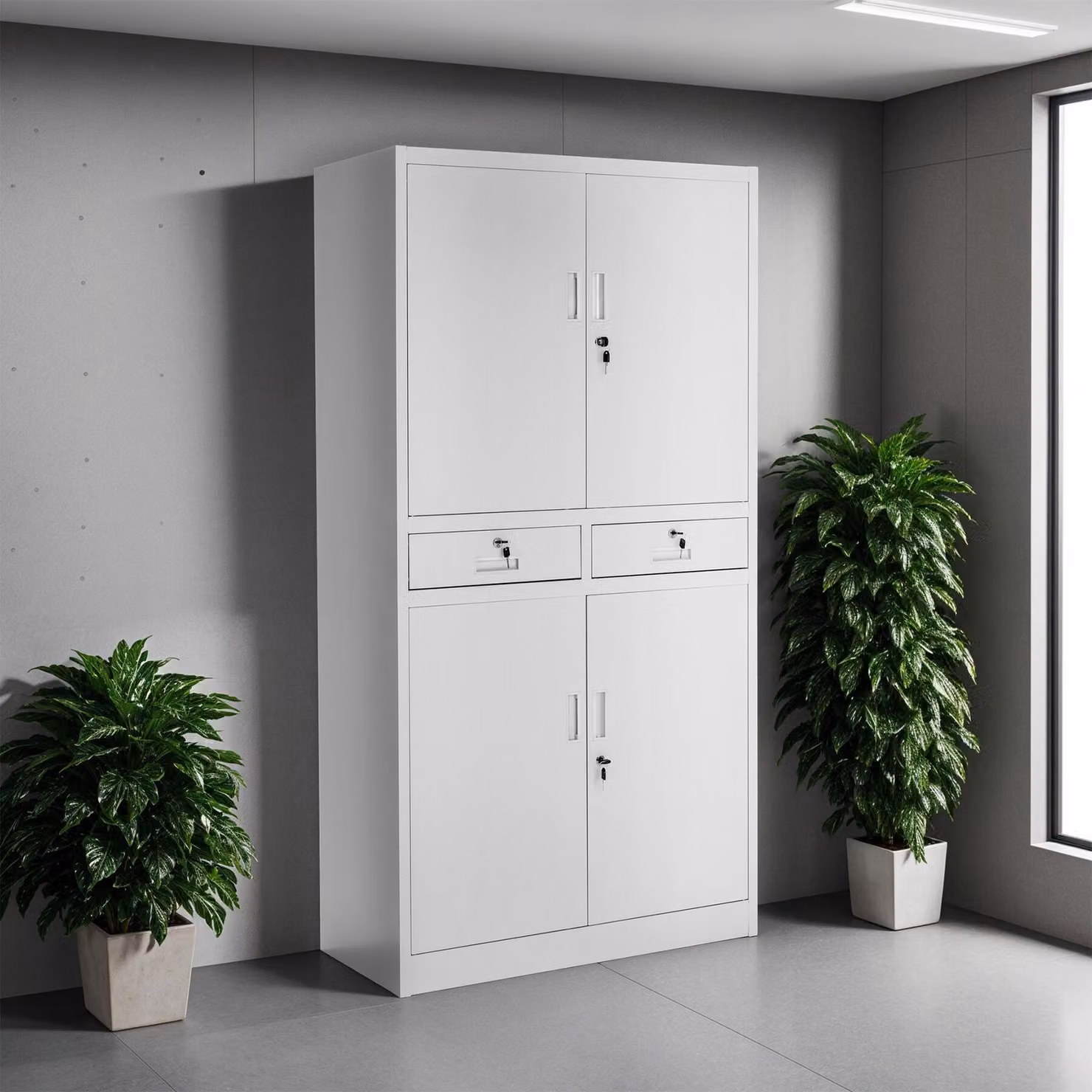 Armadio da ufficio Tectake in metallo lacca grigia con ante a battente, cassetti interni e ripiani regolabili, H 180 x L 80 x P 40 cm – 2