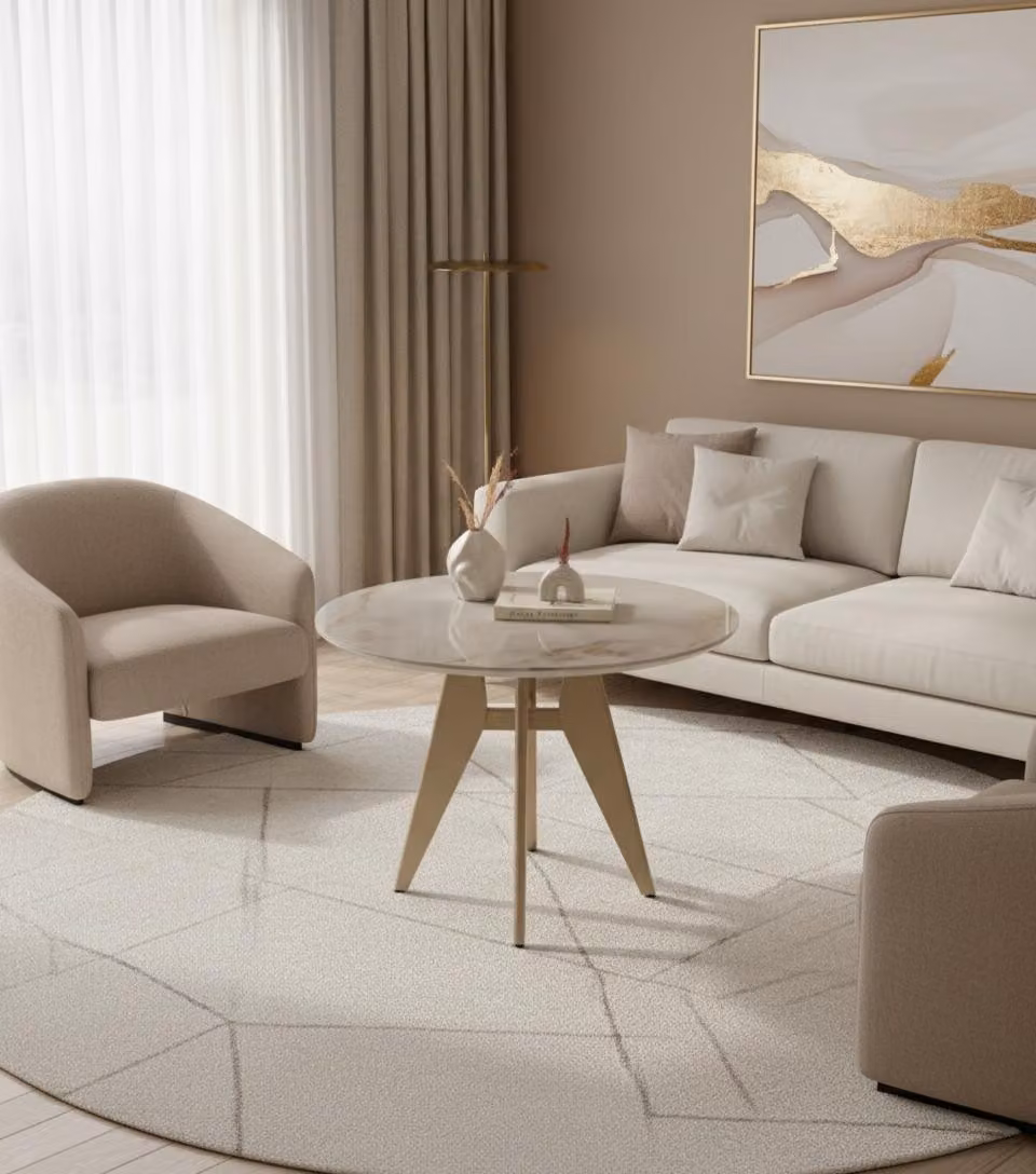 Tavolino da salotto moderno, minimalista, beige, elegante, di classe, confortevole