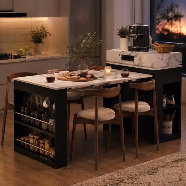 Tavolo allungabile con piano pieghevole, prese e vani contenitore, per cucina e sala da pranzo, in MDF e vetro, nero