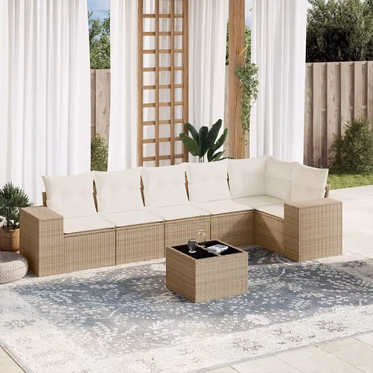 Set Divani da Giardino 7 pz vidaXL con Cuscini Beige e Tavolino, Design Moderno a L in Polyrattan e Acciaio