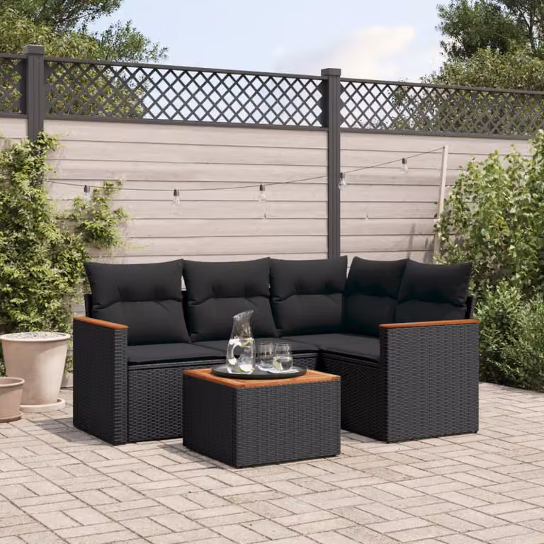 vidaXL Set Divani da Giardino a L 5 pz con Cuscini e Tavolino Nero in Polyrattan e Acciaio