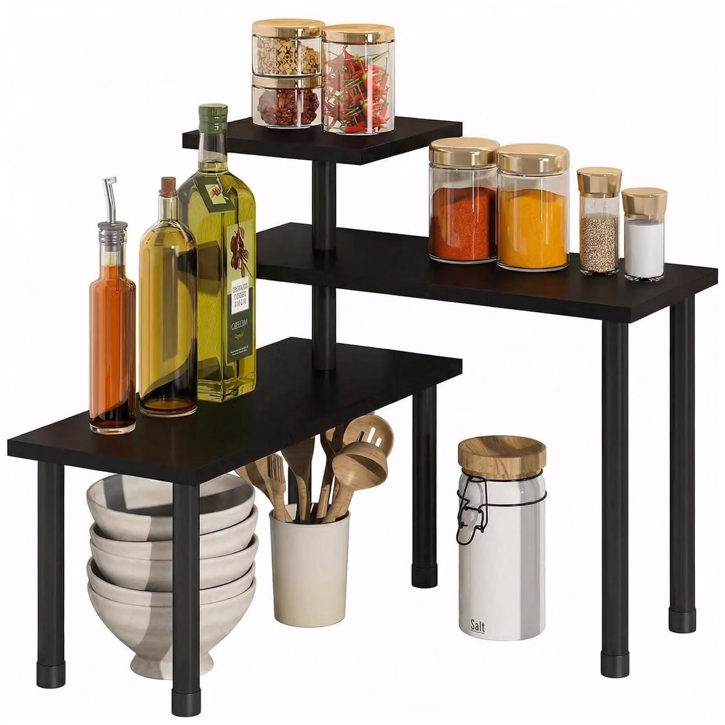 Ripiano angolare per cucina, 3 livelli, regolabile, colore nero