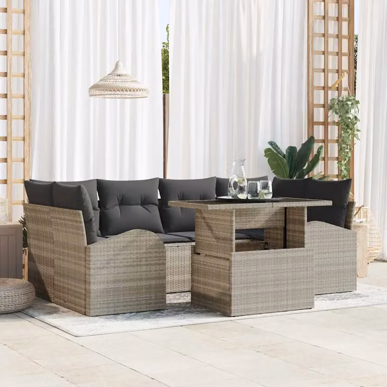 Set Divano da Giardino vidaXL 7 Pezzi a Forma di U Grigio con Tavolino e Cuscini in Tessuto e Struttura in Acciaio Verniciato a Polvere