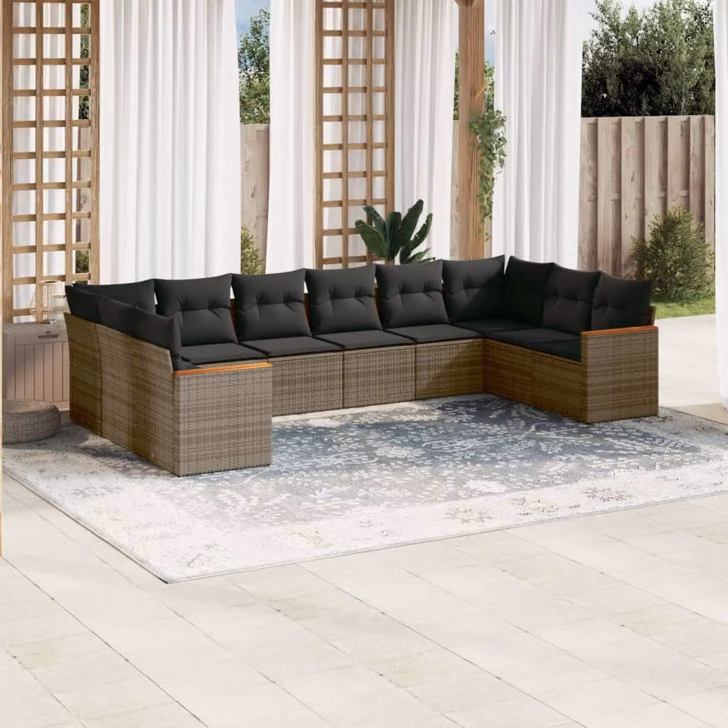 vidaXL Set Divano da Giardino a L 10 pz in Polyrattan Grigio con Cuscini e Struttura in Acciaio Verniciato a Polvere – 1