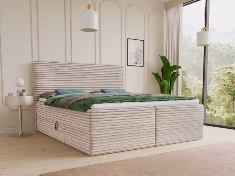 Letto boxspring Mollo con 2 cassetti, letto matrimoniale con materasso Bonell e topper, letto imbottito in morbido velluto a coste, letto, letto box, struttura letto per camera da letto (Beige (Tilia 03), 140 x 200 cm)