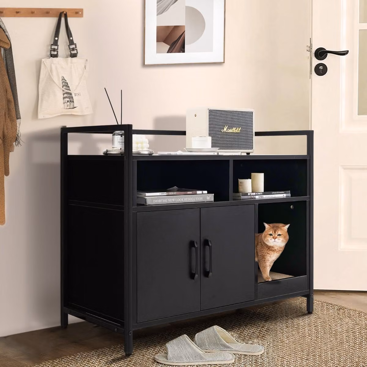 Costway Toilette nascosta per gatti con doppie porte e cartone per graffi, Contenitore per lettiera per gatti Nero