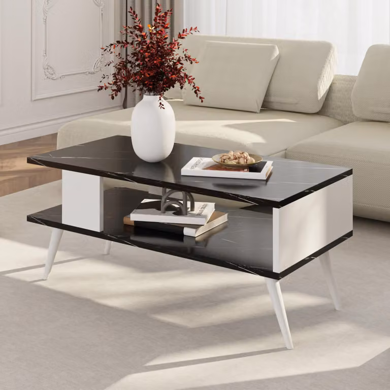 Tavolino Lycksele Tavolino da salotto con contenitore rettangolare nero effetto marmo bianco con ripiano inferiore Tavolino da divano
