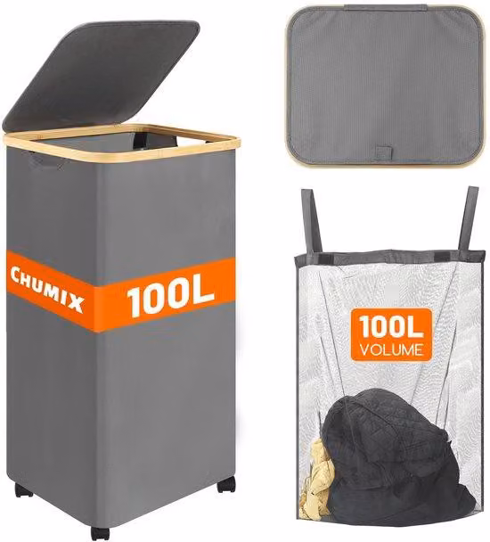 Cesto portabiancheria pieghevole con ruote, 100 litri, maniglie in bambù, sacchetto interno removibile e lavabile, ideale per camera da letto, bagno e lavanderia (grigio)