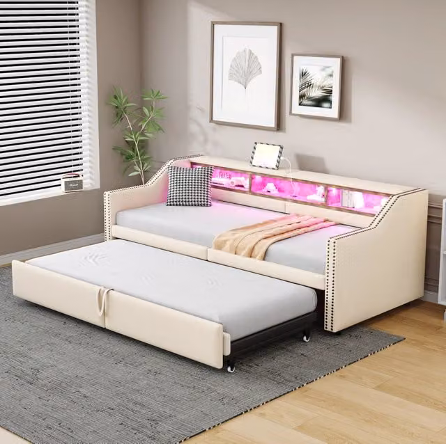 Divano letto imbottito estraibile 90/180 x 200 cm beige con LED e USB