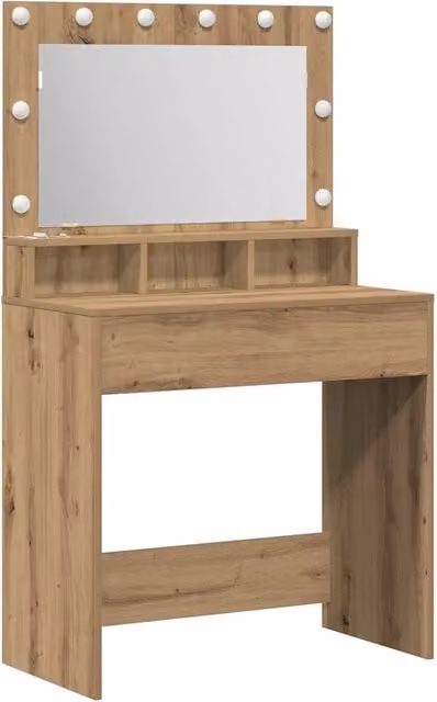Toeletta Tavolo da Trucco in Rovere con LED Design Minimalista L: 75,5 cm, P: 41 cm, H: 135 cm