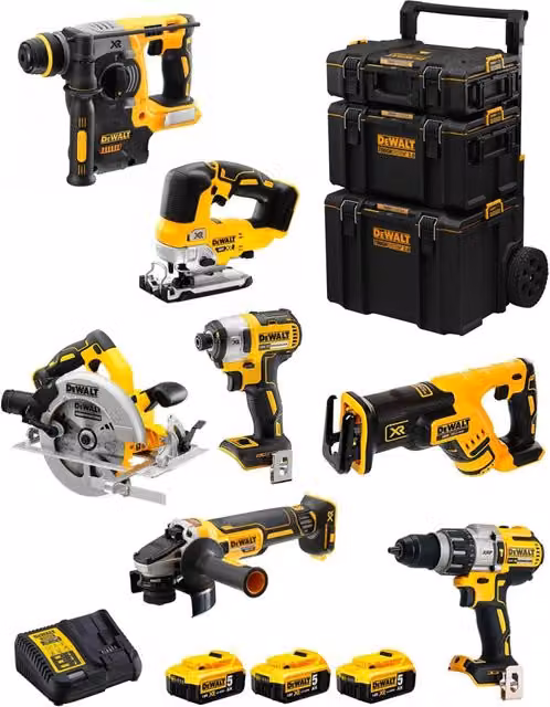 Kit utensili DeWALT DWK703 giallo con avvitatore, trapano, martello perforatore, smerigliatrice, seghetto, troncatrice e 3 batterie da 5,0 Ah con caricabatterie e caddy 3in1