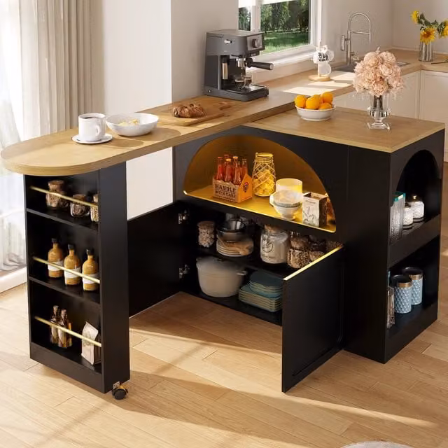 Mobile bar telescopico con ripiani regolabili, LED e USB, su ruote, per cucina e soggiorno, nero, 135 × 39 × 100 cm