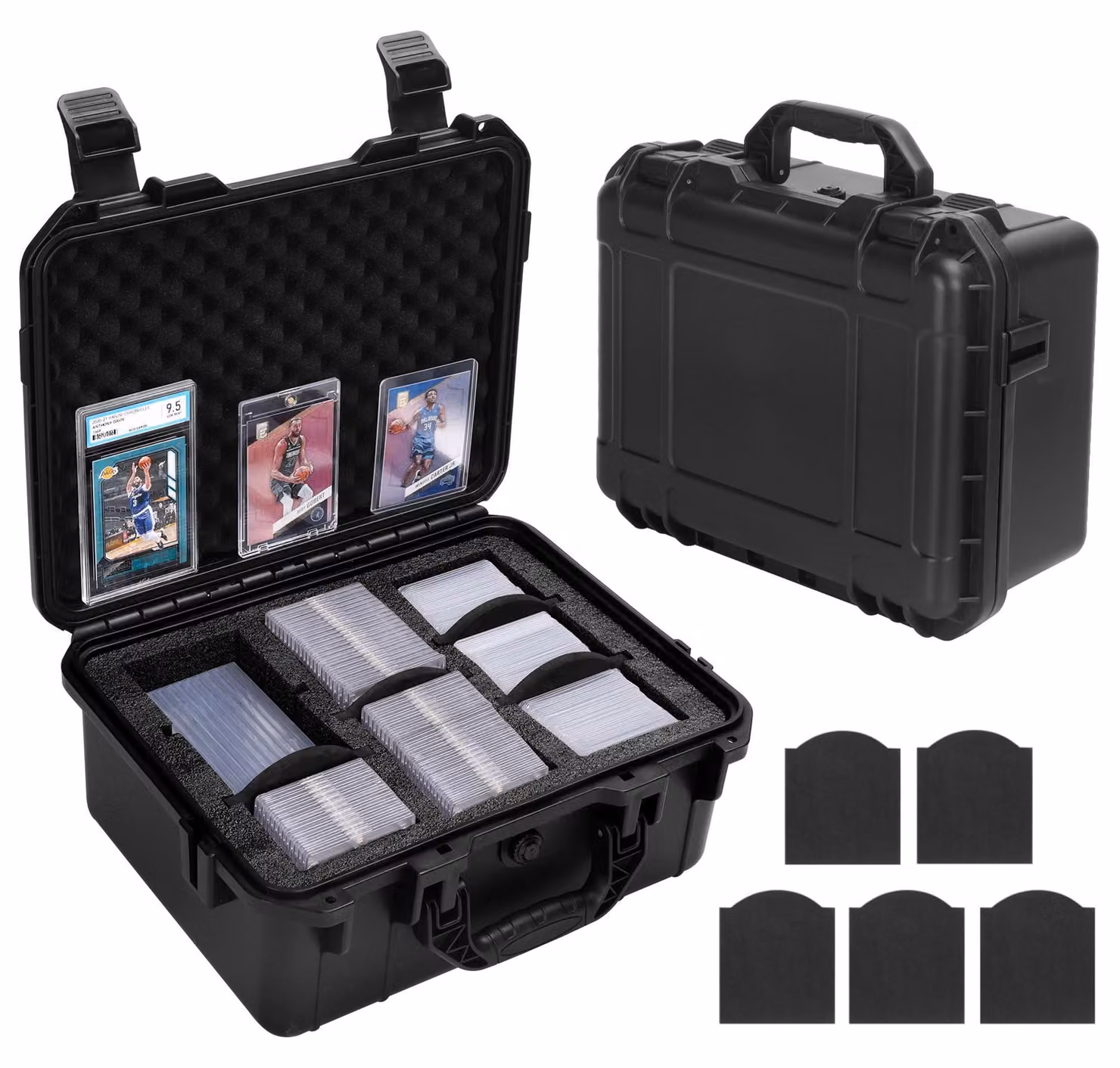 Contenitore impermeabile per carte di dimensioni 3" x 4" e spessore 35pt, dotato di 5 divisori in schiuma, ideale per carte sportive
