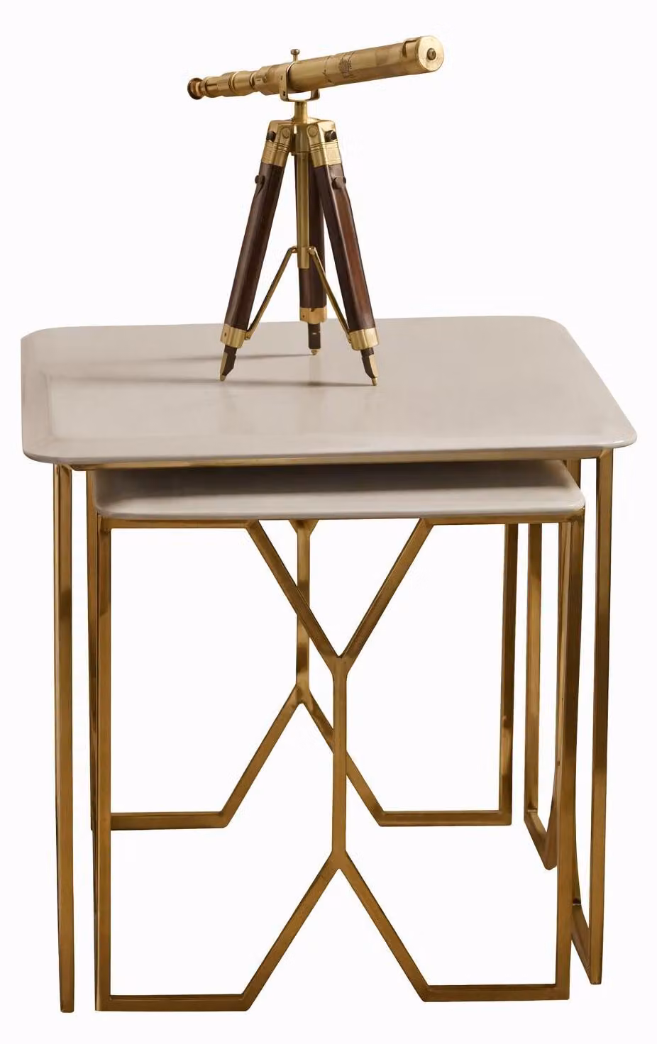 Tavolino da accompagnamento elegante, color beige, con struttura in metallo dorato