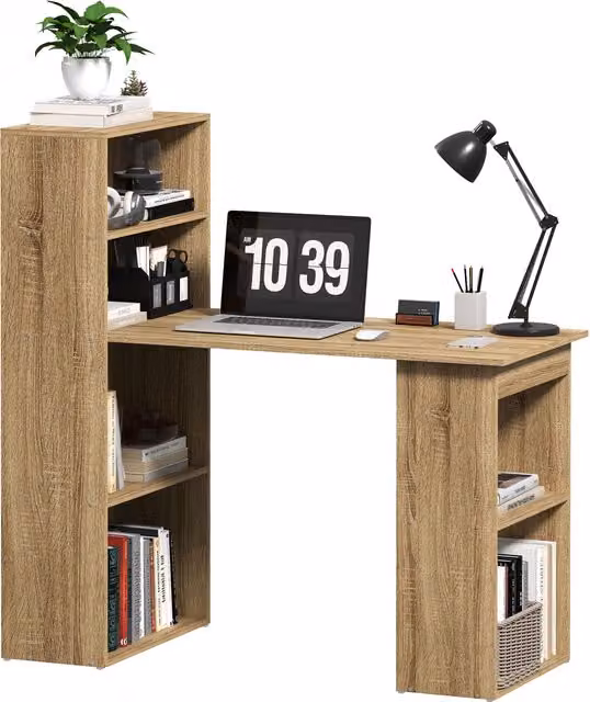 Scrivania ad angolo HOMCOM con libreria adiacente e mensola, design moderno in rovere e marrone – 1