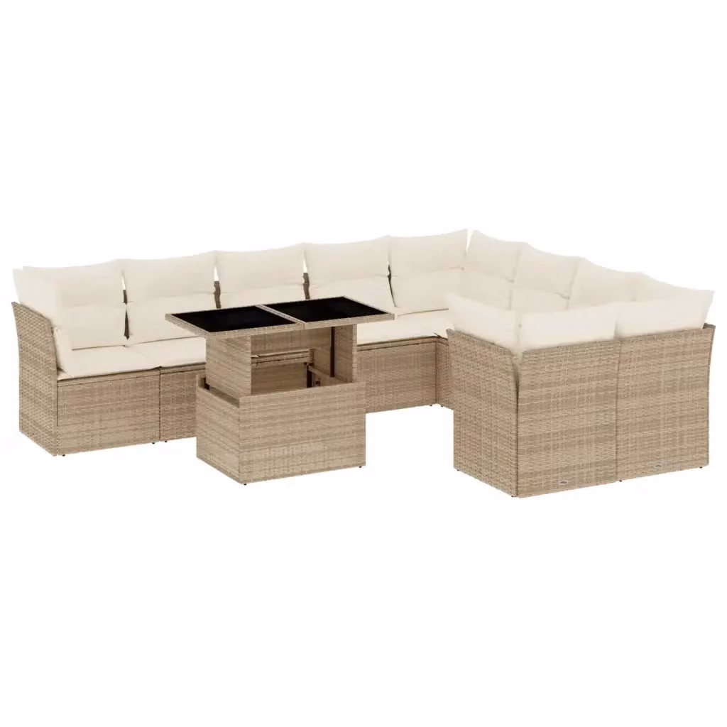 Set Divano da Giardino vidaXL 10 Pezzi in Polyrattan con Cuscini Beige e Tavolino in Vetro – 2