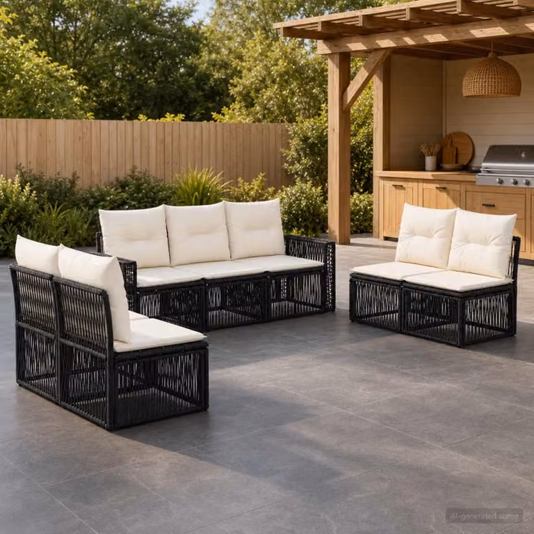 Maison Exclusive - Set da giardino composto da 7 pezzi. Divano da giardino in rattan sintetico, colore nero e crema