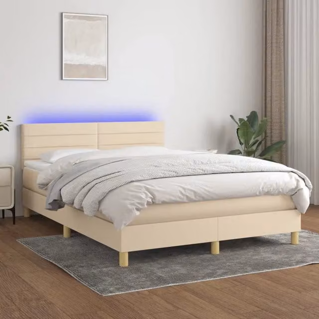 Letto Ibrido con Materasso vidaXL in Tessuto Beige e Bianco con Illuminazione LED e Porta USB L/P/H: 140 x 200 x 88 cm