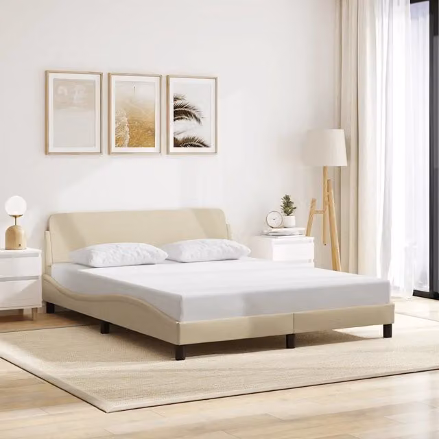 Letto moderno vidaXL in tessuto beige con struttura in legno e metallo L: 160 cm, P: 200 cm, H: 105 cm