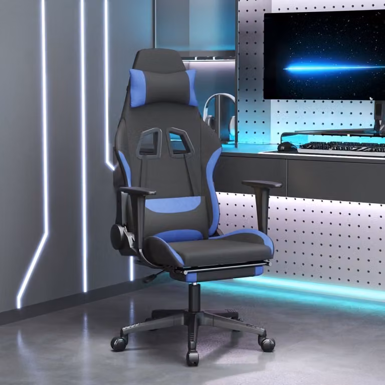 The Living Store Sedia da gioco con massaggio e poggiapiedi in tessuto nero e blu
