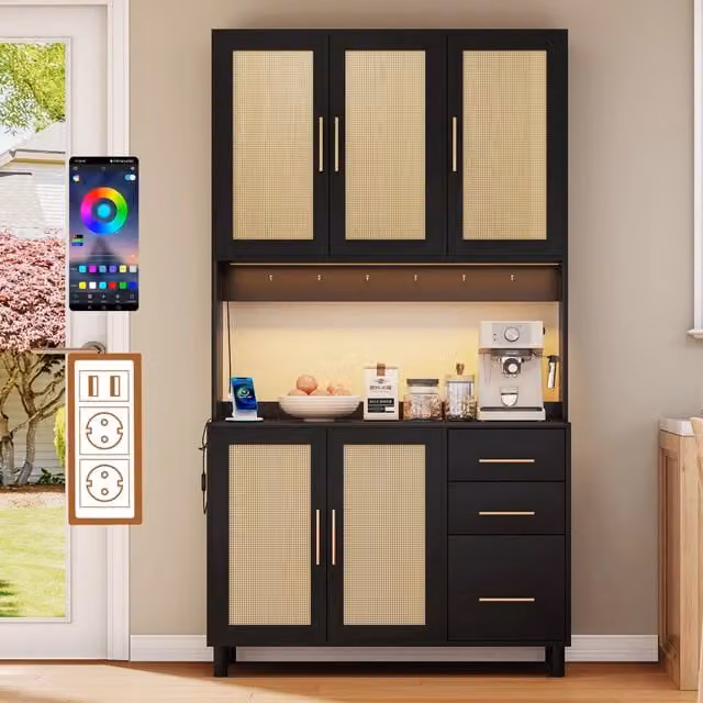 Credenza da Cucina con Cassetti e Ripiani ¨C MINIMAL ¨C Bianco, Maniglie Dorate, LED, USB