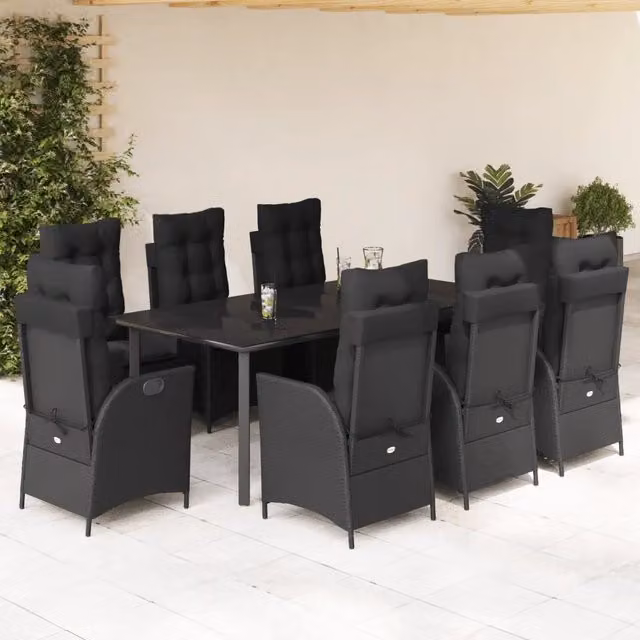Set da pranzo da giardino vidaXL in polyrattan nero con cuscini e tavolo in vetro, 9 pezzi – 1